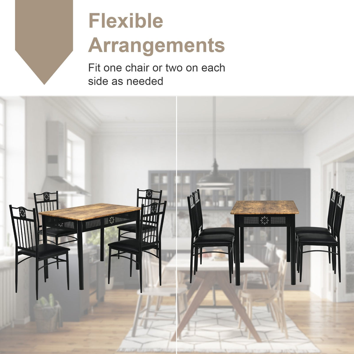 5 Pcs Dining Set Wood Metal Table and 4 Chairs with Cushions-Black view 9