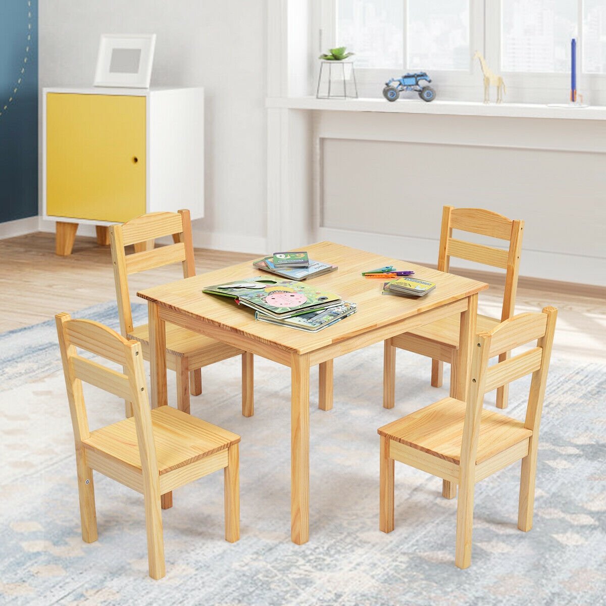 5 Pieces Kids Pine Wood Table Chair Set-Natural view 2