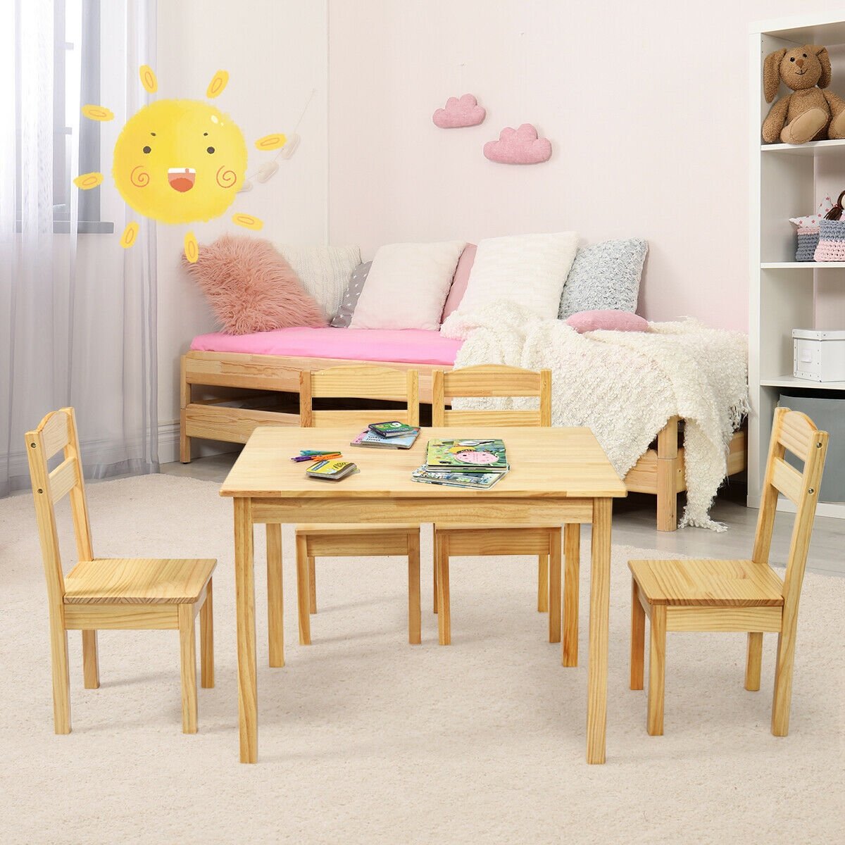 5 Pieces Kids Pine Wood Table Chair Set-Natural view 3
