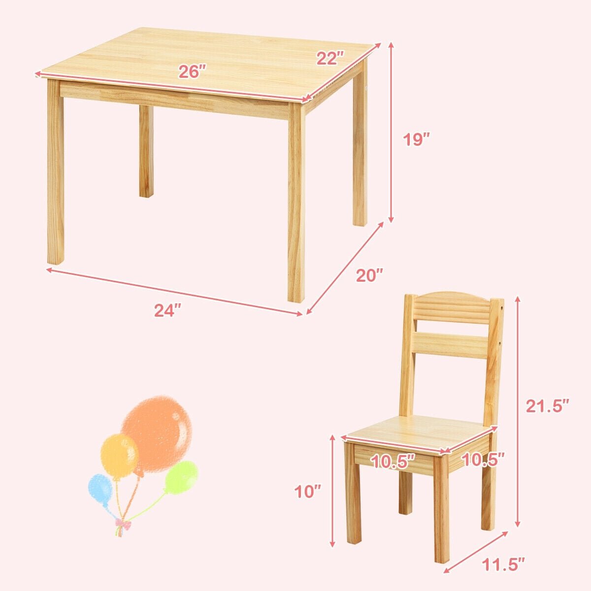 5 Pieces Kids Pine Wood Table Chair Set-Natural view 5