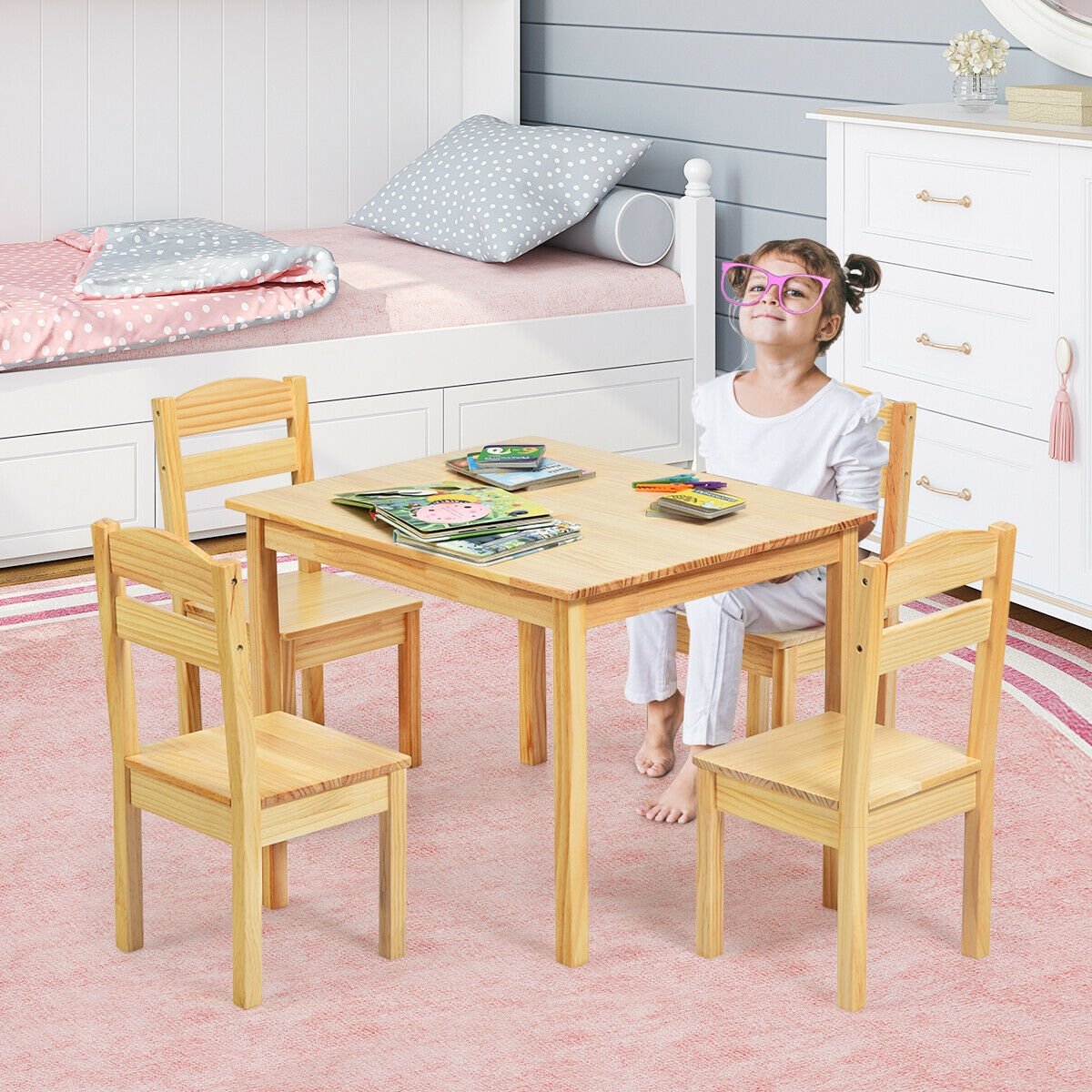 5 Pieces Kids Pine Wood Table Chair Set-Natural view 6