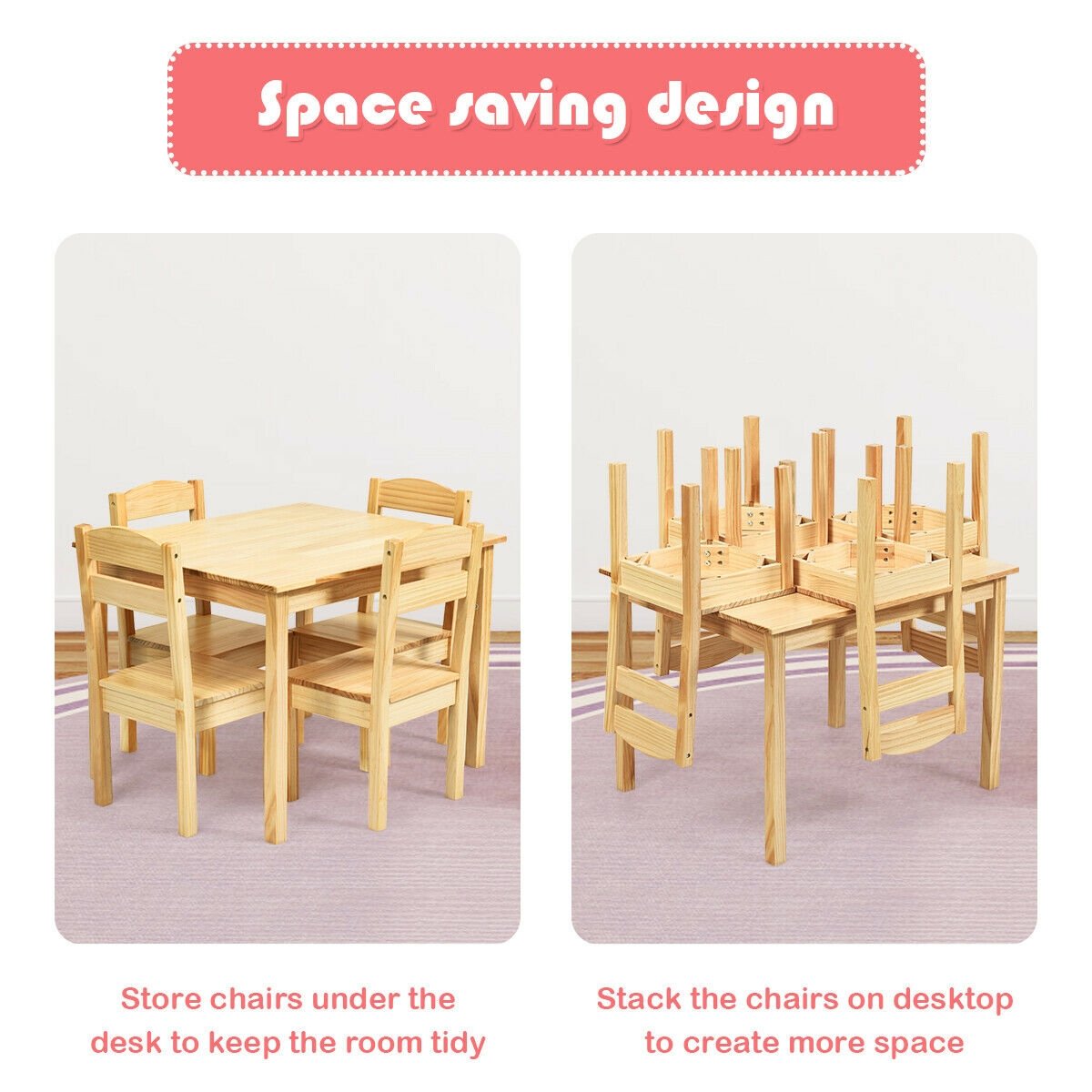 5 Pieces Kids Pine Wood Table Chair Set-Natural view 9