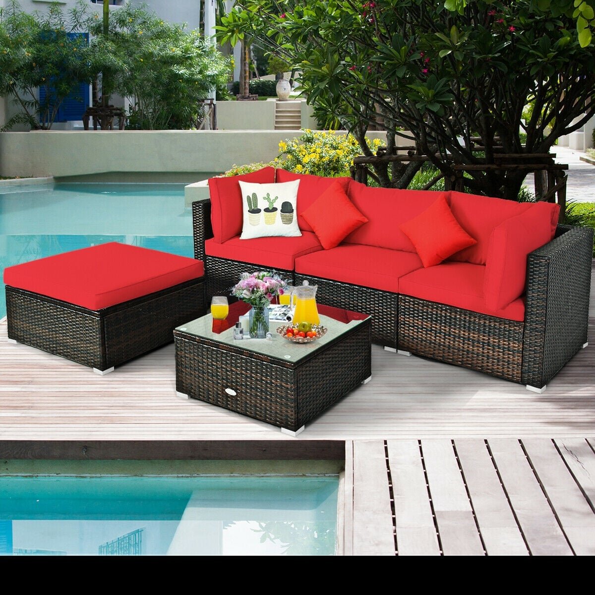 5 Pcs Outdoor Patio Rattan Furniture Set Sectional Conversation with Cushions-Red view 2
