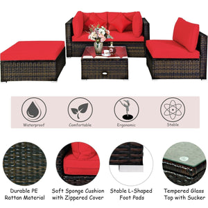 5 Pcs Outdoor Patio Rattan Furniture Set Sectional Conversation with Cushions-Red view 3