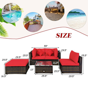 5 Pcs Outdoor Patio Rattan Furniture Set Sectional Conversation with Cushions-Red view 4
