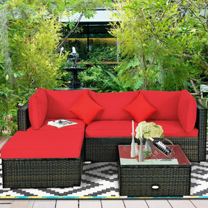 5 Pcs Outdoor Patio Rattan Furniture Set Sectional Conversation with Cushions-Red view 6