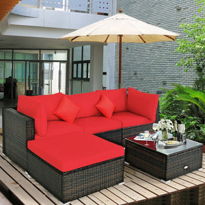 5 Pcs Outdoor Patio Rattan Furniture Set Sectional Conversation with Cushions-Red view 7