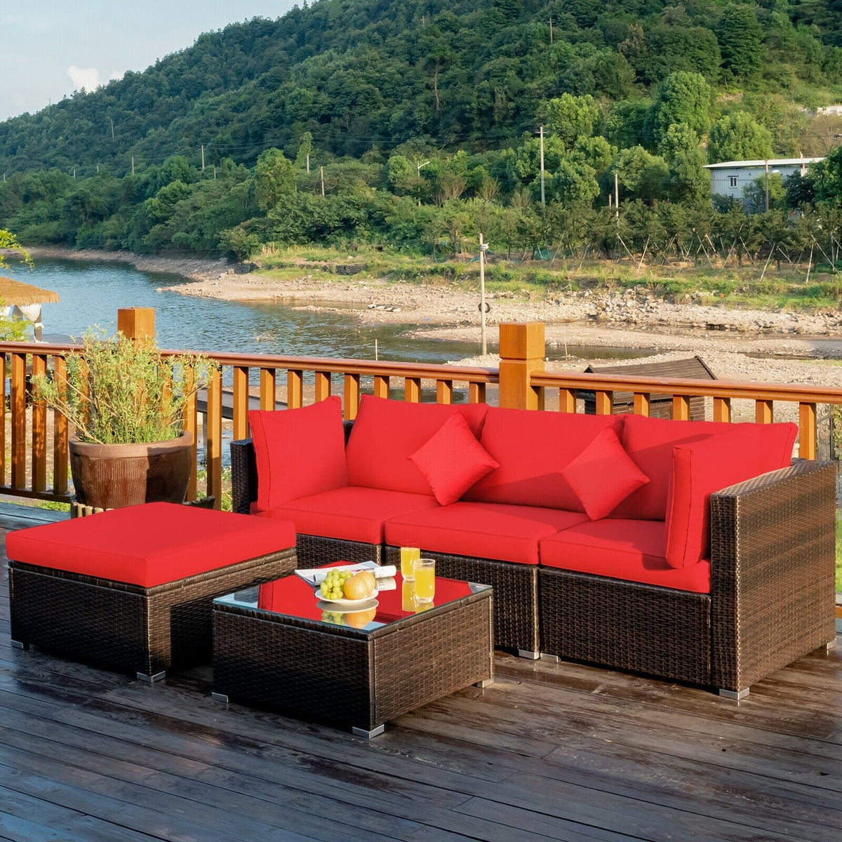 5 Pcs Outdoor Patio Rattan Furniture Set Sectional Conversation with Cushions-Red view 8