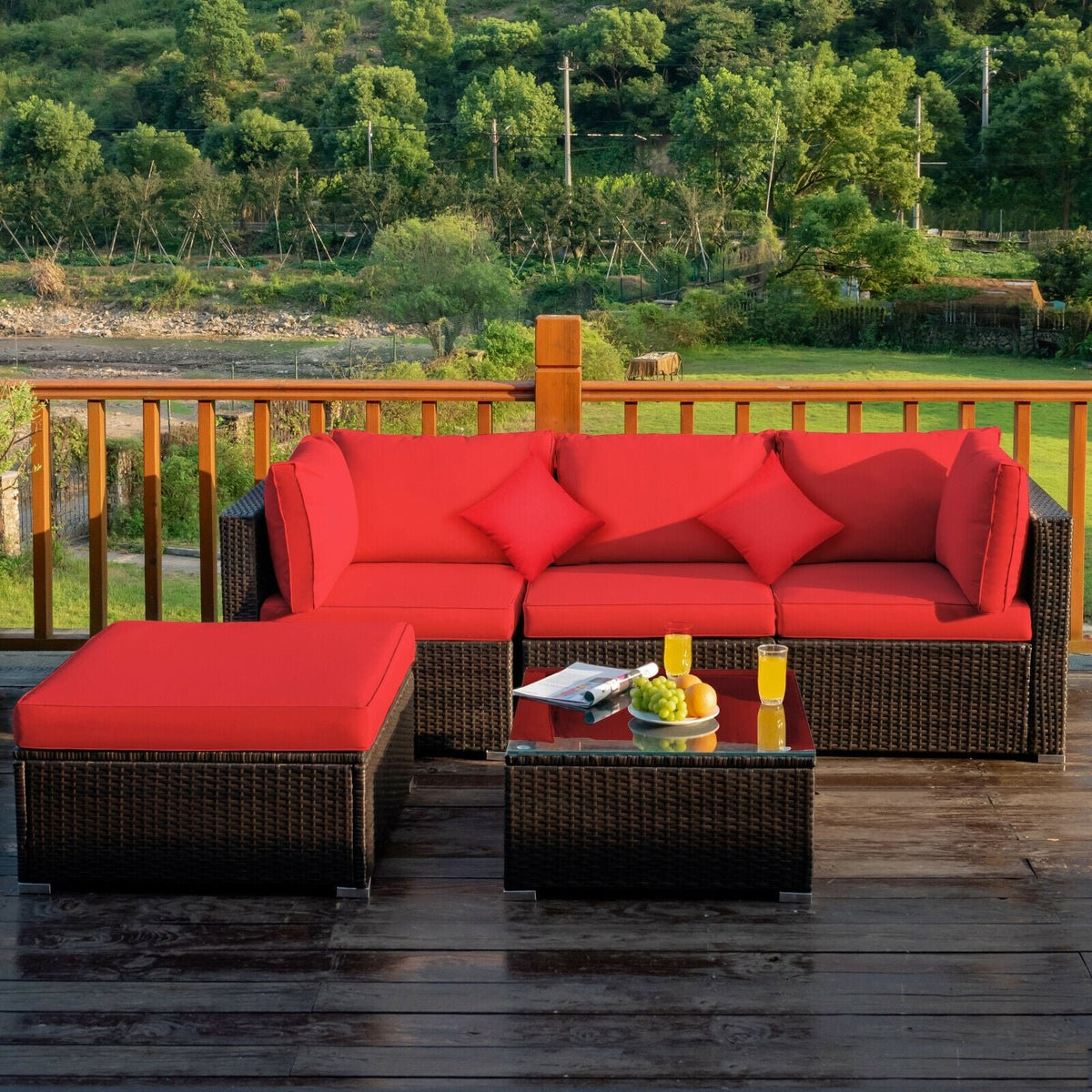 5 Pcs Outdoor Patio Rattan Furniture Set Sectional Conversation with Cushions-Red view 9