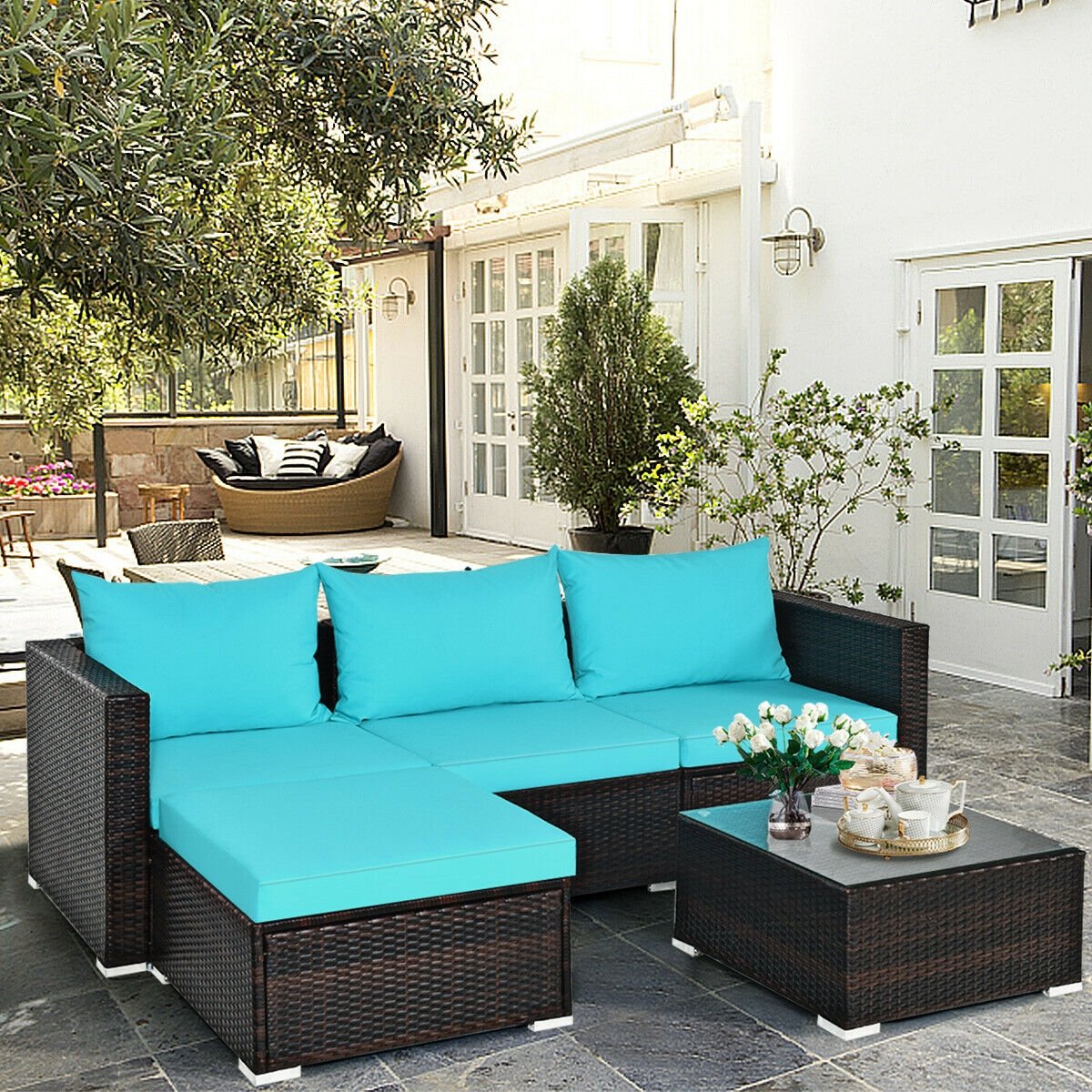 5 Pieces Patio Rattan Furniture Set with Coffee Table-Turquoise view 2