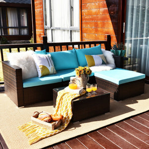 5 Pieces Patio Rattan Furniture Set with Coffee Table-Turquoise view 3