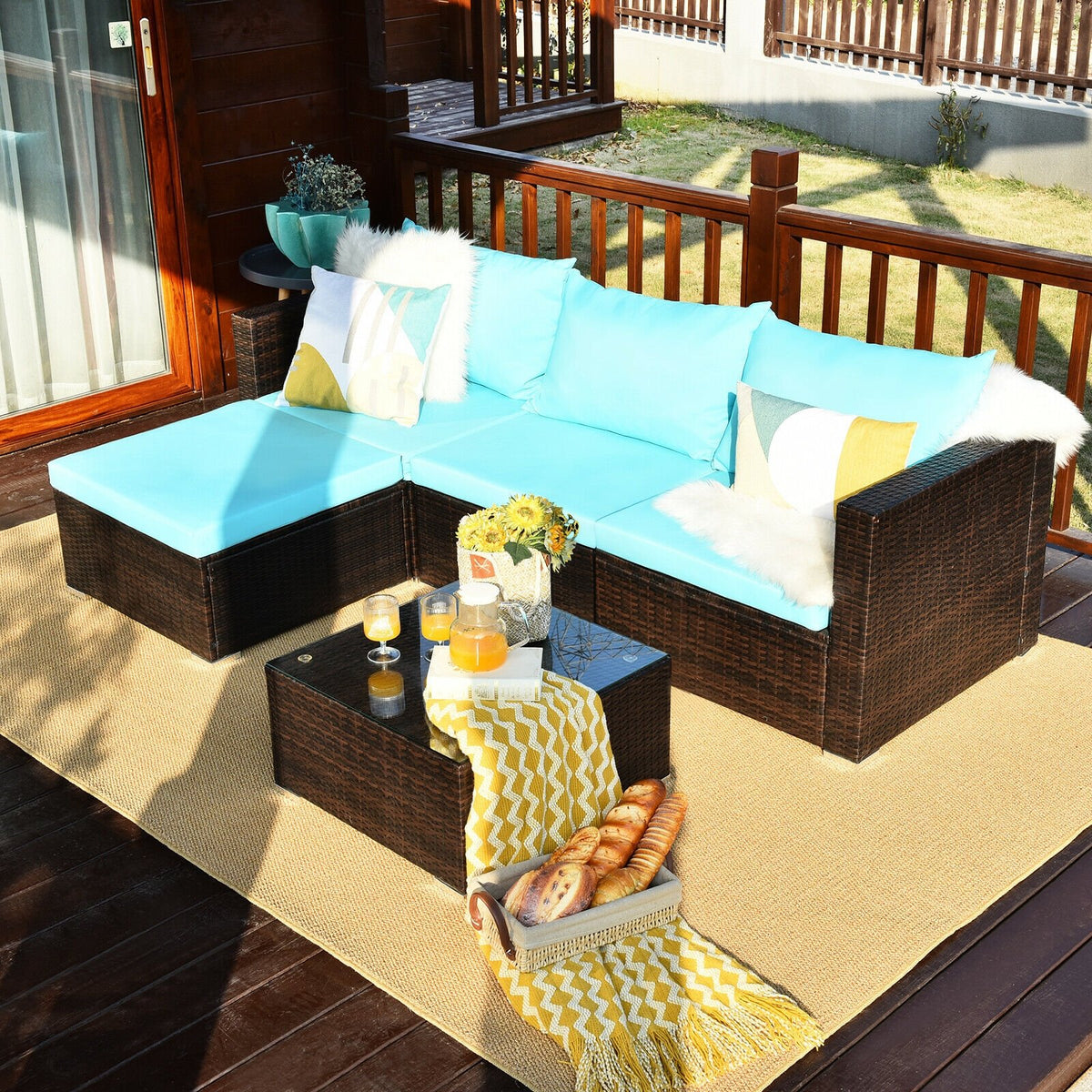 5 Pieces Patio Rattan Furniture Set with Coffee Table-Turquoise view 7