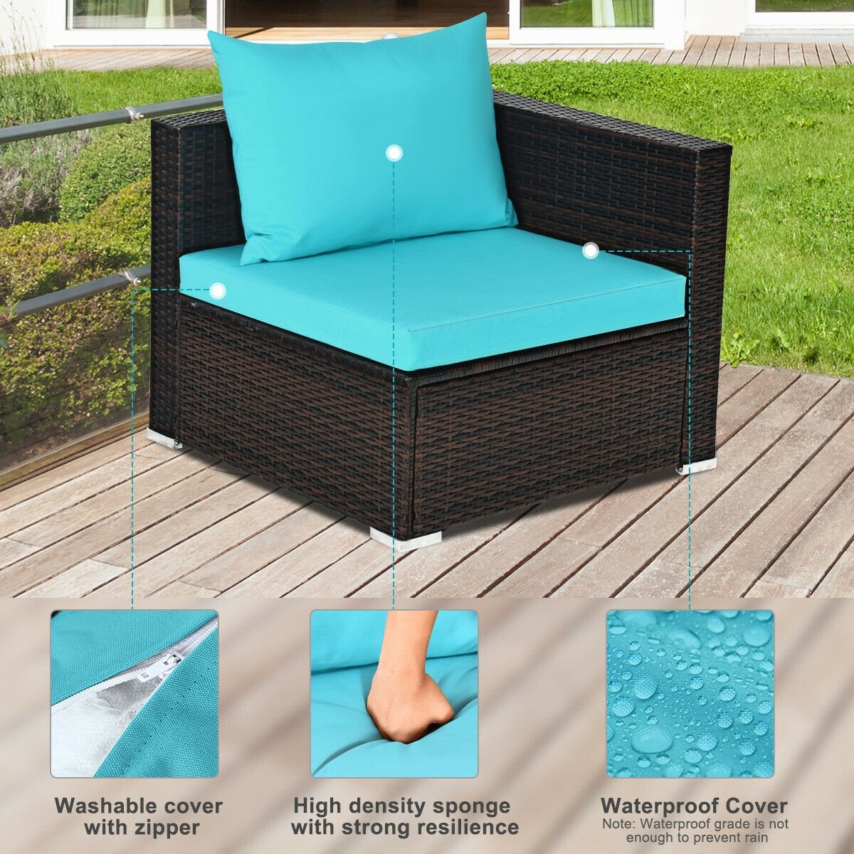 5 Pieces Patio Rattan Furniture Set with Coffee Table-Turquoise view 8
