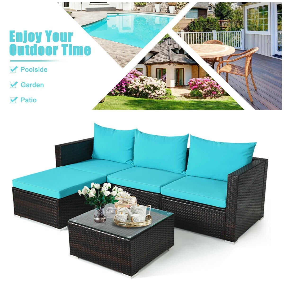 5 Pieces Patio Rattan Furniture Set with Coffee Table-Turquoise view 9