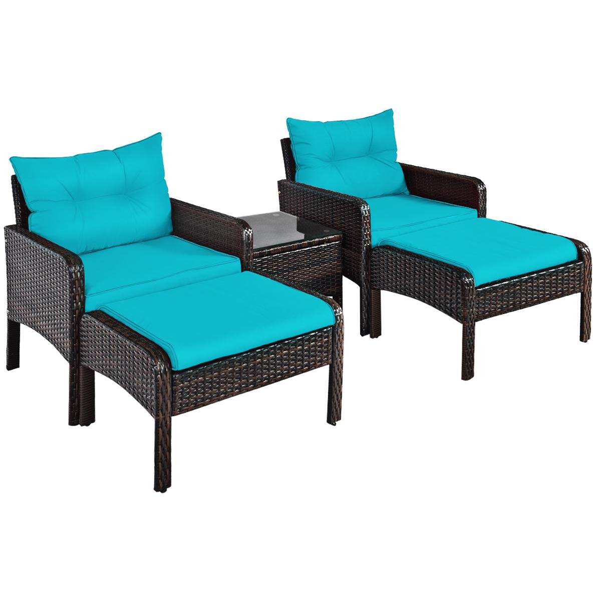5 Pcs Patio Rattan Sofa Ottoman Furniture Set with Cushions-Turquoise