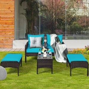 5 Pcs Patio Rattan Sofa Ottoman Furniture Set with Cushions-Turquoise view 2