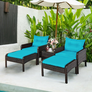 5 Pcs Patio Rattan Sofa Ottoman Furniture Set with Cushions-Turquoise view 3