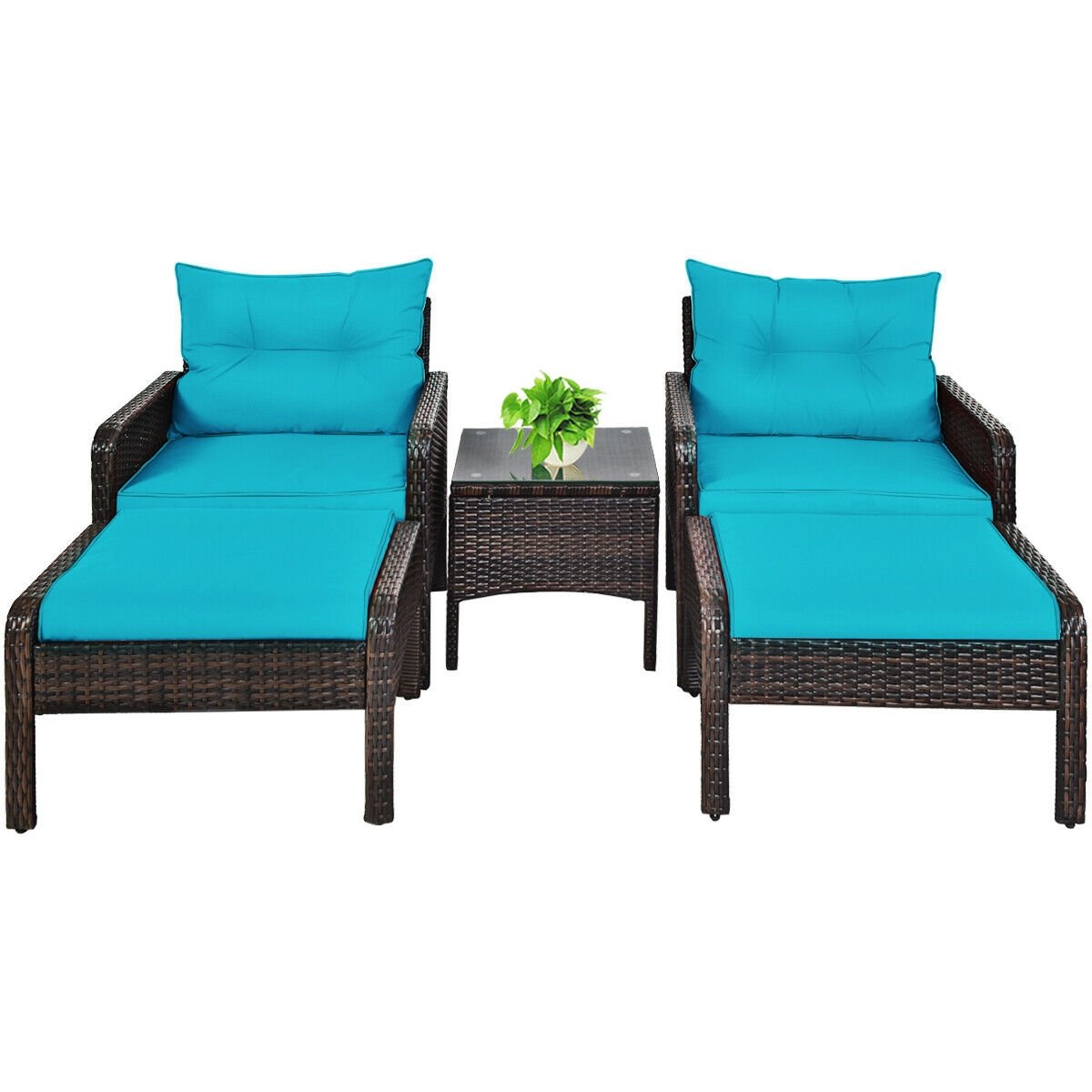5 Pcs Patio Rattan Sofa Ottoman Furniture Set with Cushions-Turquoise view 4