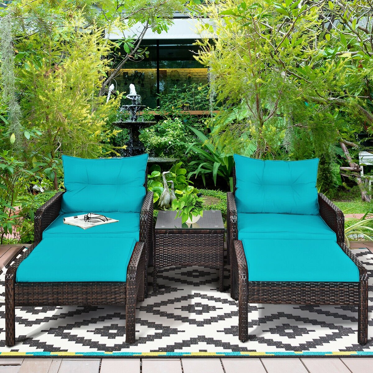 5 Pcs Patio Rattan Sofa Ottoman Furniture Set with Cushions-Turquoise view 6