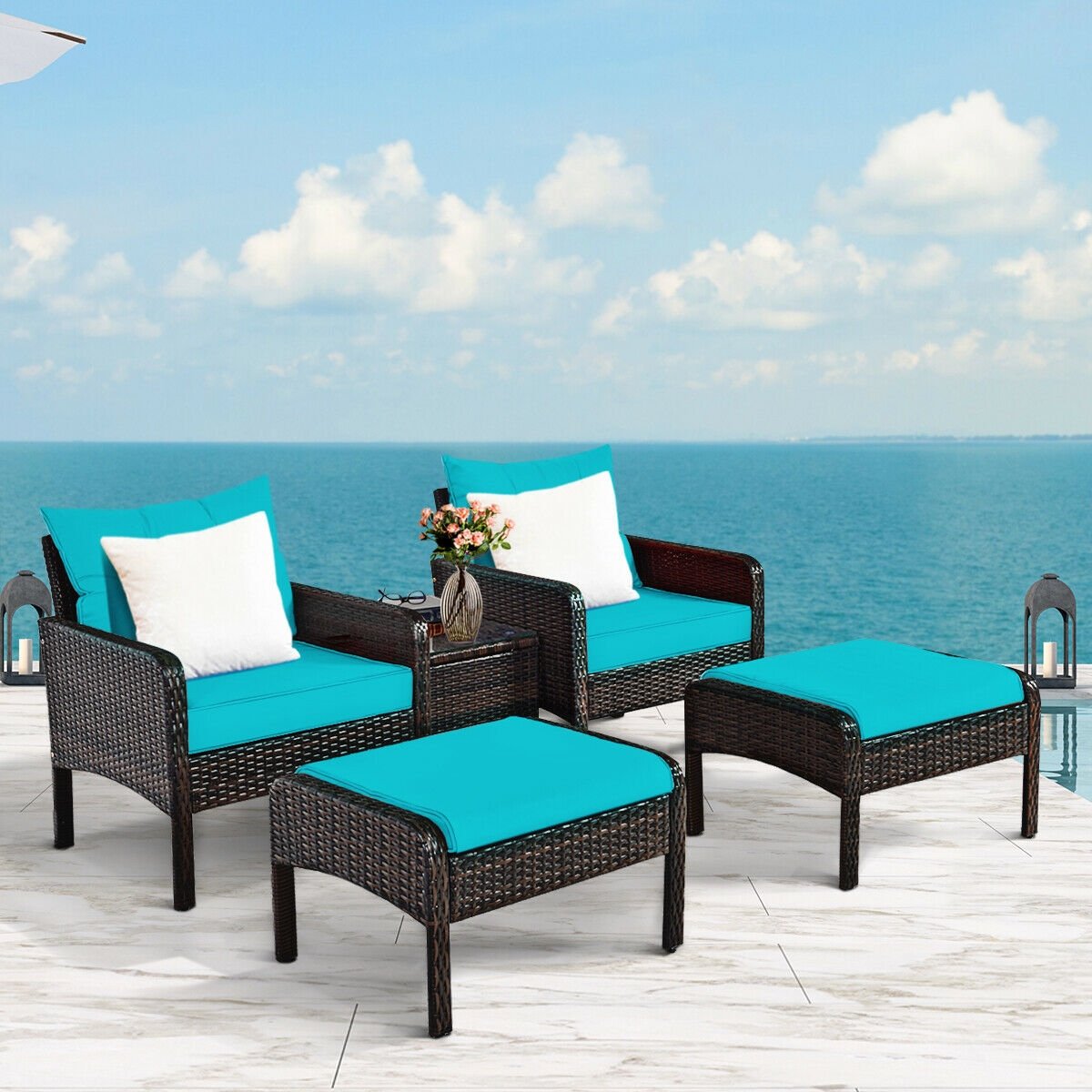 5 Pcs Patio Rattan Sofa Ottoman Furniture Set with Cushions-Turquoise view 7