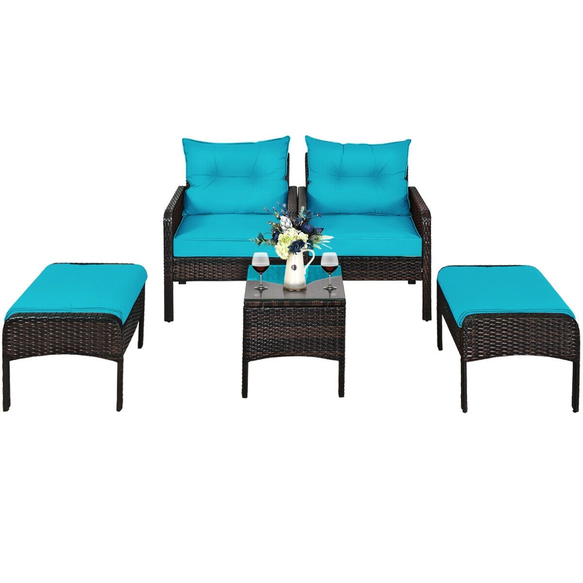 5 Pcs Patio Rattan Sofa Ottoman Furniture Set with Cushions-Turquoise view 8