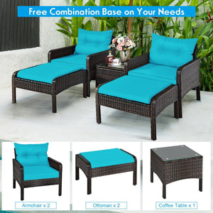 5 Pcs Patio Rattan Sofa Ottoman Furniture Set with Cushions-Turquoise view 9