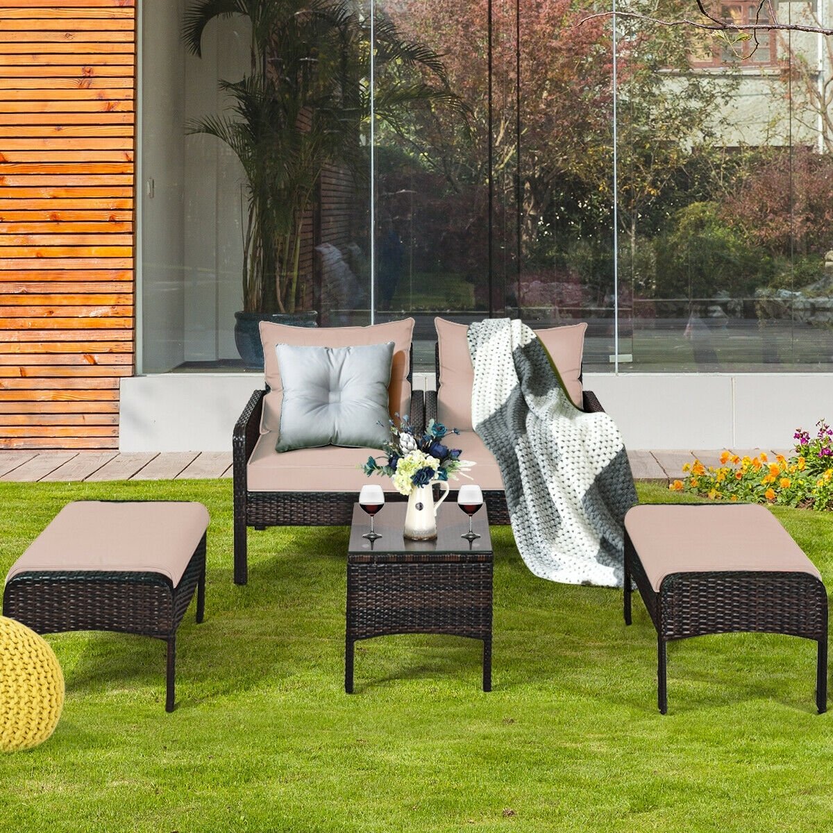 5 Pcs Patio Rattan Wicker Sofa Furniture Set view 7