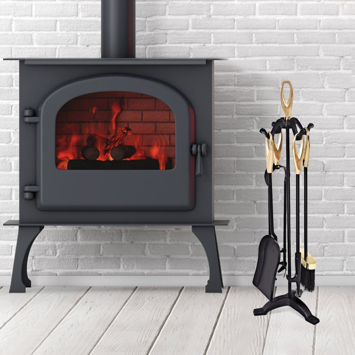 5 Pieces Stylish Gold Iron Fireplace Tools Set view 2