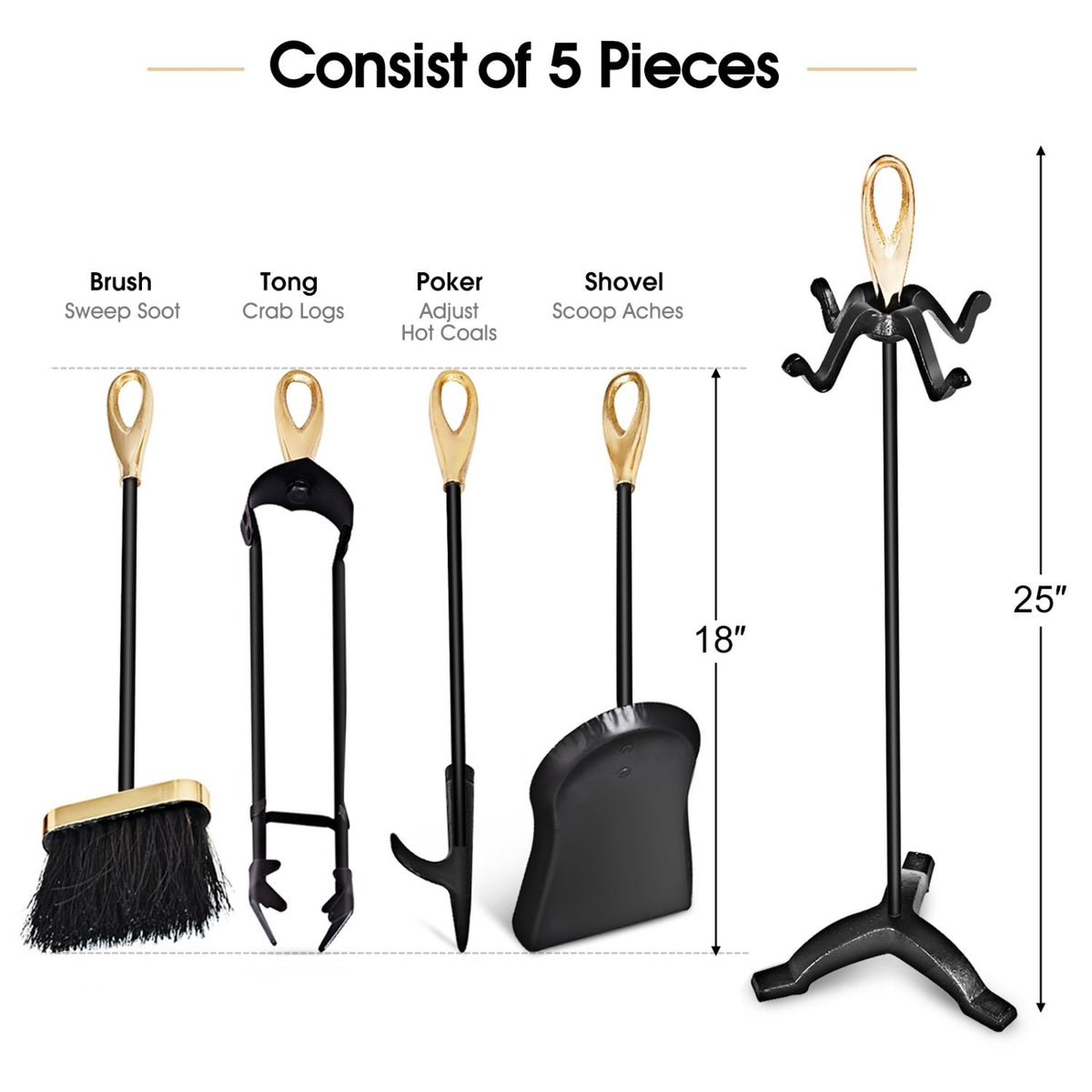 5 Pieces Stylish Gold Iron Fireplace Tools Set view 5