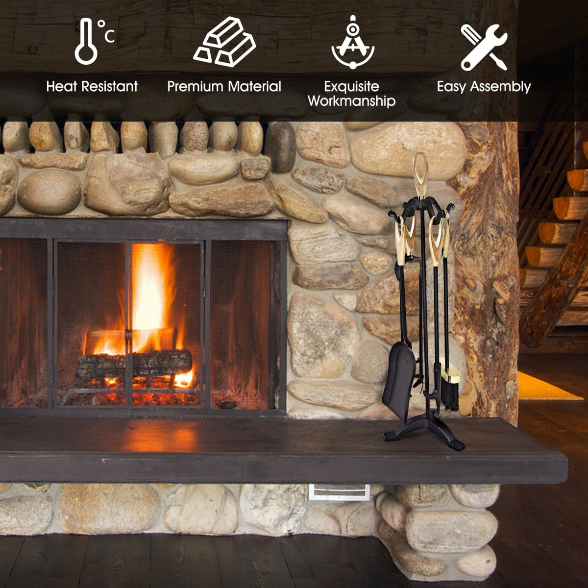 5 Pieces Stylish Gold Iron Fireplace Tools Set view 6