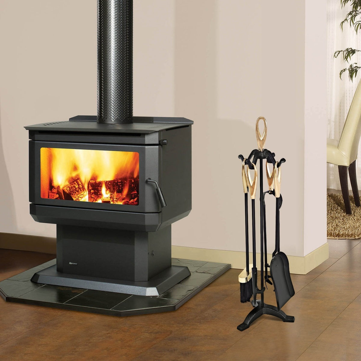 5 Pieces Stylish Gold Iron Fireplace Tools Set view 8