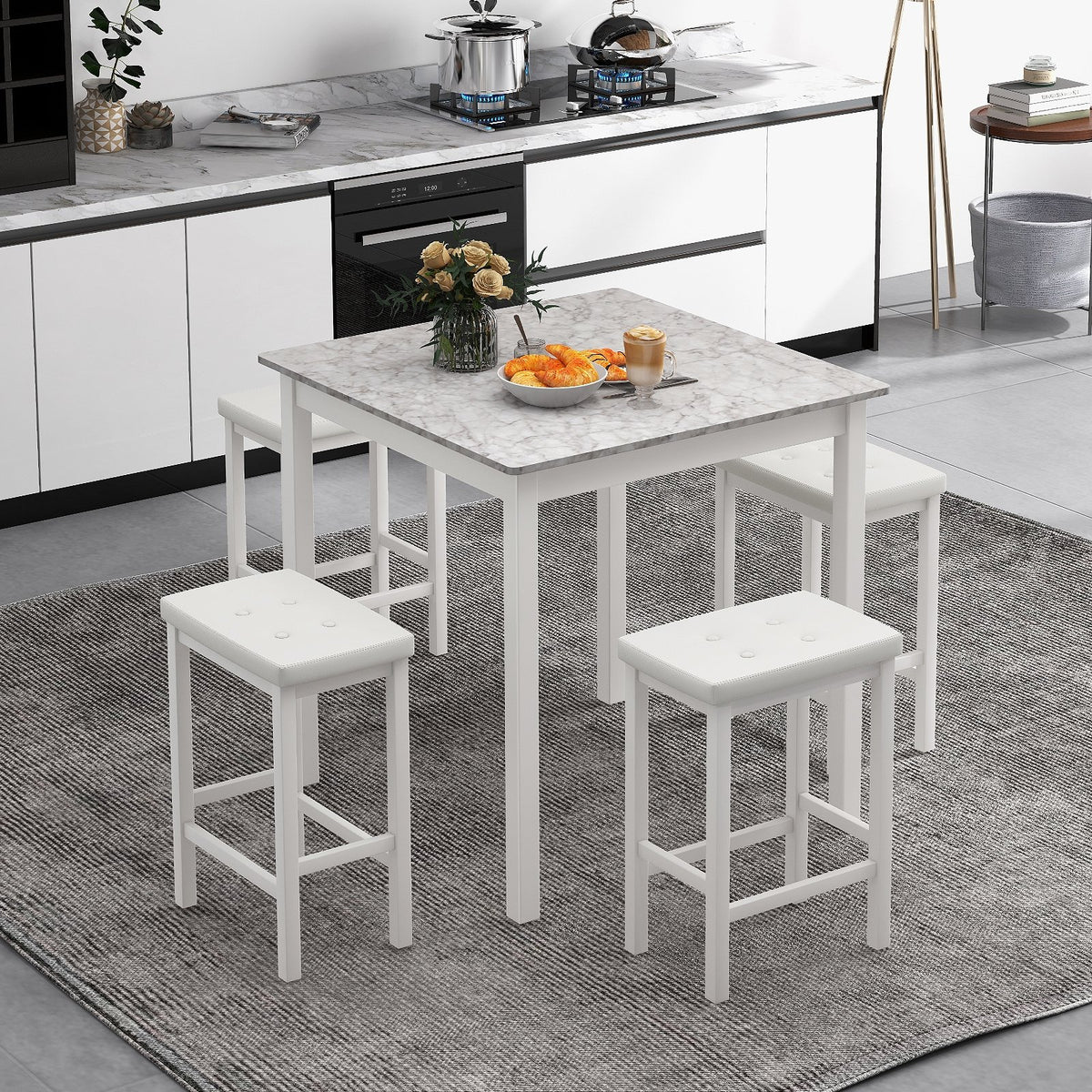 5-Piece Bar Table Set Counter-Height Dining Table and 4 Bar Stools-White view 2