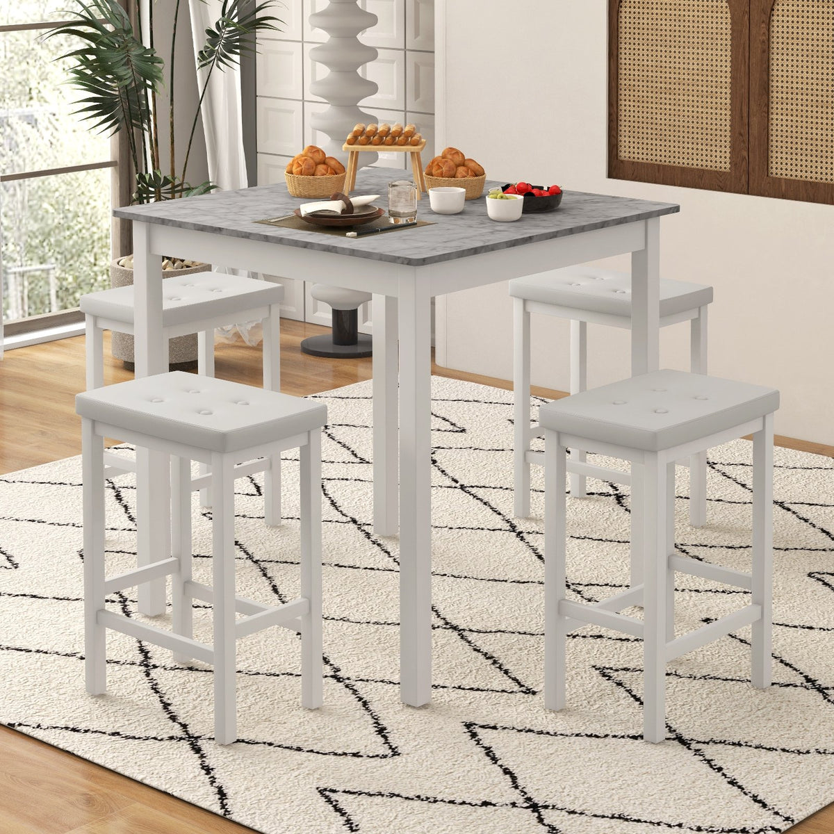 5-Piece Bar Table Set Counter-Height Dining Table and 4 Bar Stools-White view 3