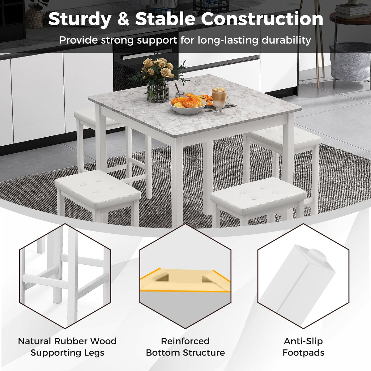 5-Piece Bar Table Set Counter-Height Dining Table and 4 Bar Stools-White view 7