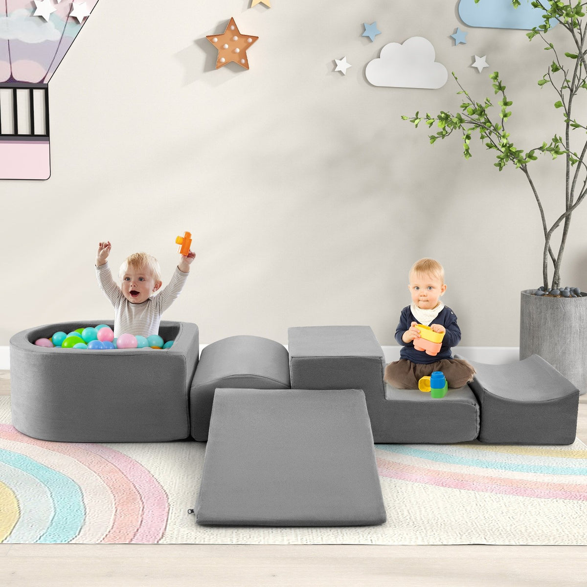 5-Piece Climb and Crawl Playset with Ball Pit for Kids-Gray view 2