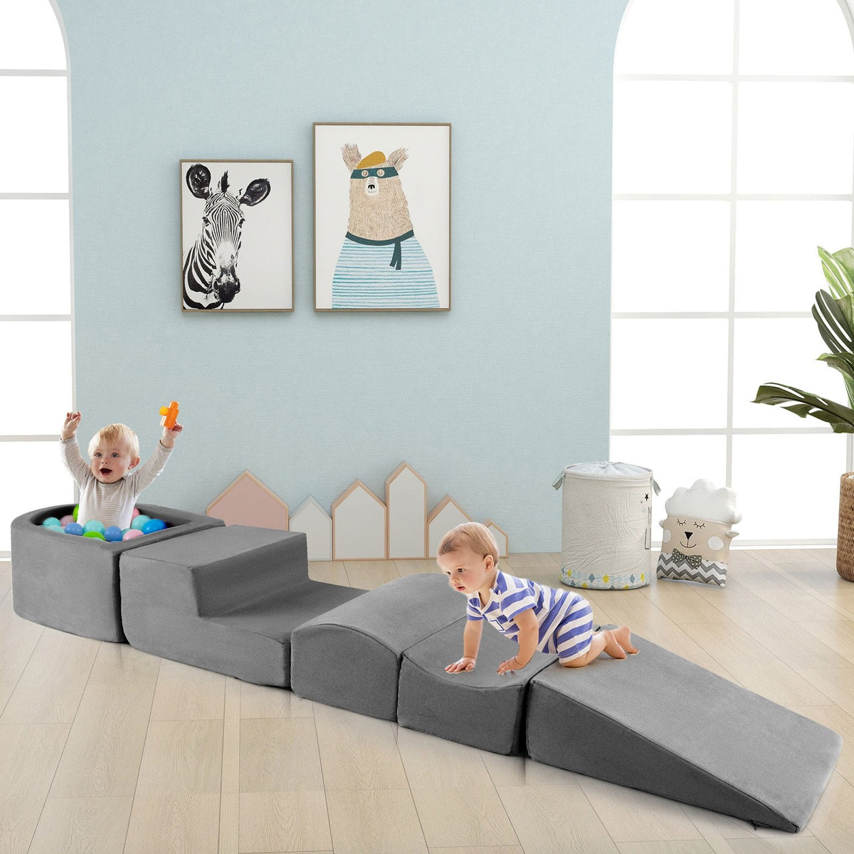 5-Piece Climb and Crawl Playset with Ball Pit for Kids-Gray view 3
