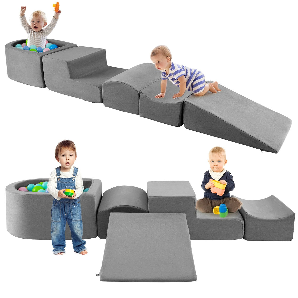 5-Piece Climb and Crawl Playset with Ball Pit for Kids-Gray view 4