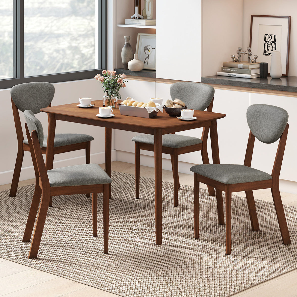 5-Piece Dining Set for 4 with Rectangular Table & Fabric Chairs for Living Room-Gray view 3