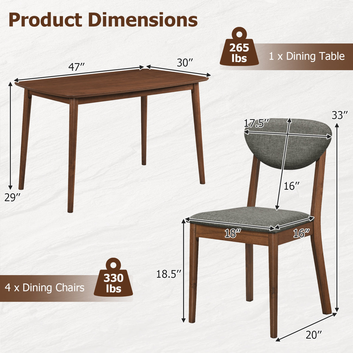 5-Piece Dining Set for 4 with Rectangular Table & Fabric Chairs for Living Room-Gray view 5