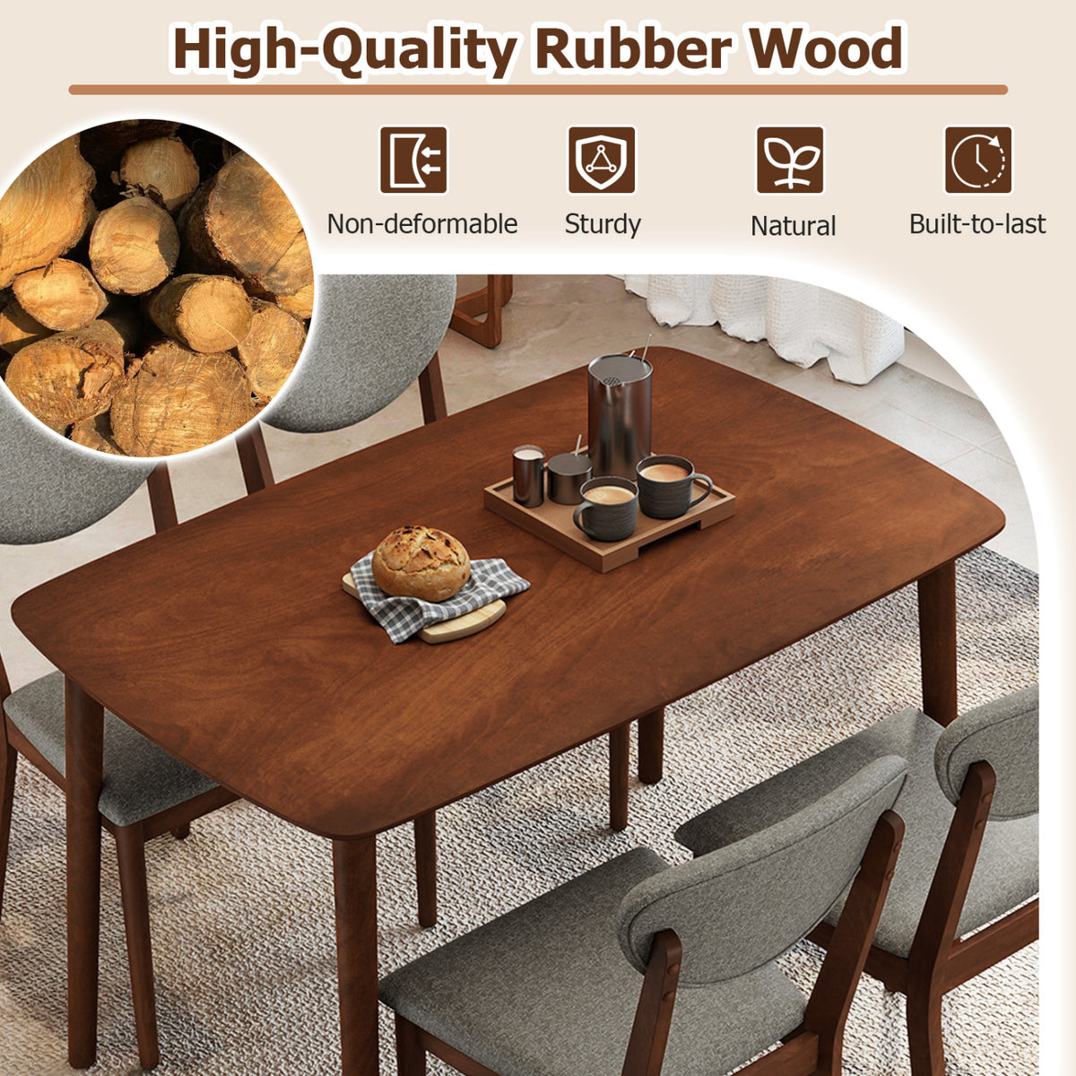 5-Piece Dining Set for 4 with Rectangular Table & Fabric Chairs for Living Room-Gray view 8