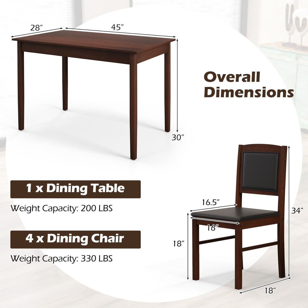 5-Piece Dining Set for 4 with Rubber Wood Legs for Small Dining Room-Brown view 5