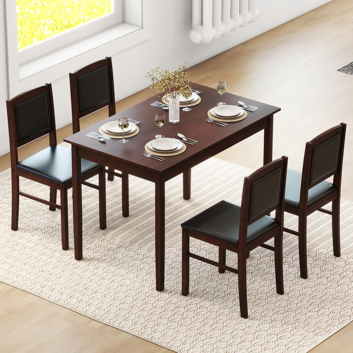 5-Piece Dining Set for 4 with Rubber Wood Legs for Small Dining Room-Brown view 6