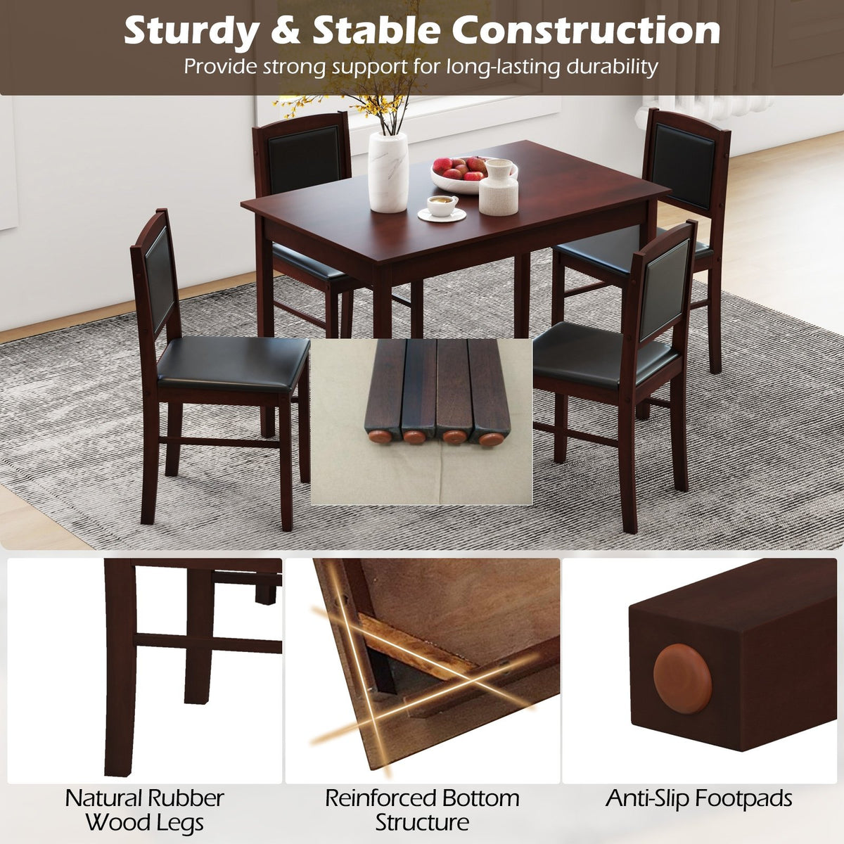 5-Piece Dining Set for 4 with Rubber Wood Legs for Small Dining Room-Brown view 7