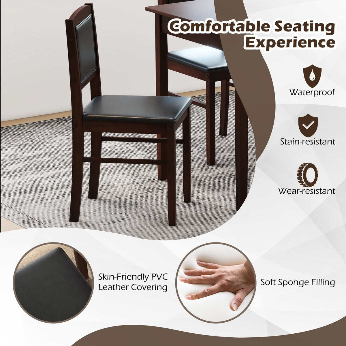 5-Piece Dining Set for 4 with Rubber Wood Legs for Small Dining Room-Brown view 8