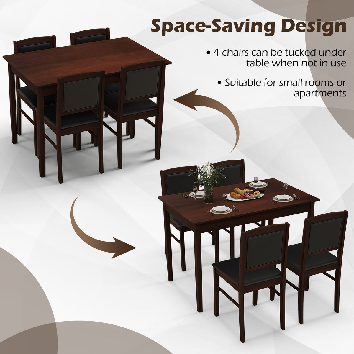 5-Piece Dining Set for 4 with Rubber Wood Legs for Small Dining Room-Brown view 9