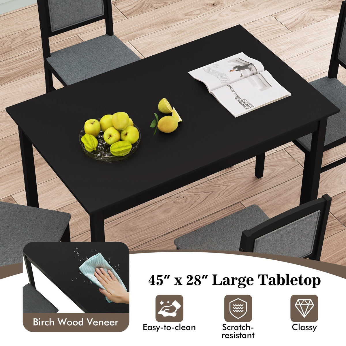 5-Piece Dining Set for 4 with Rubber Wood Legs for Small Dining Room-Gray view 7