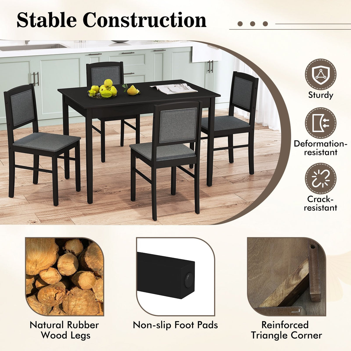 5-Piece Dining Set for 4 with Rubber Wood Legs for Small Dining Room-Gray view 9