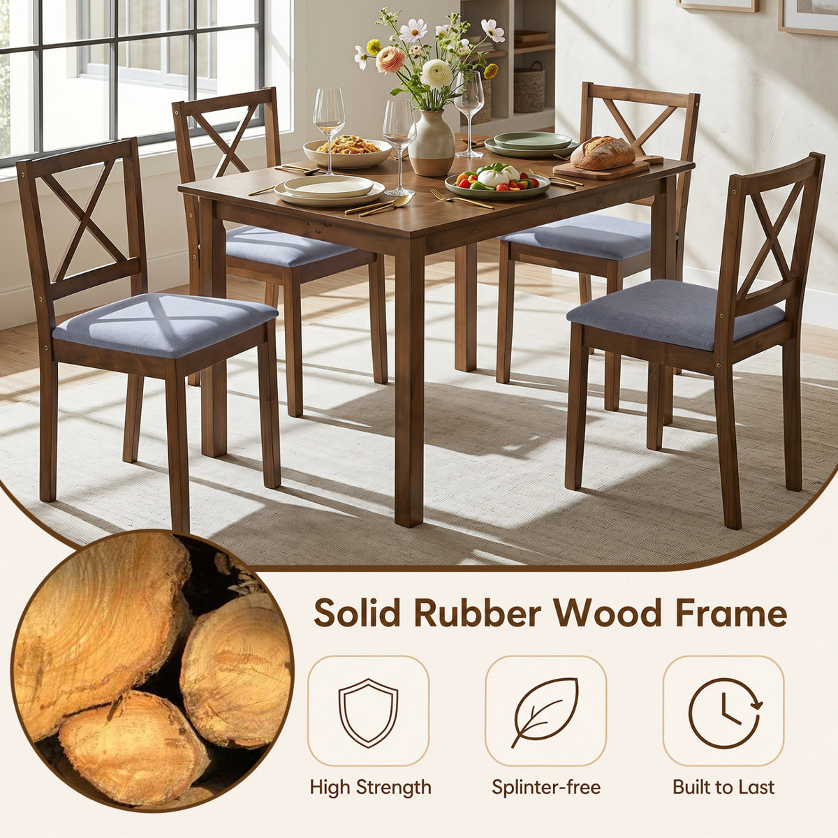 5-Piece Dining Set with Rectangular Table & Fabric Chairs for Small Space-Gray view 6