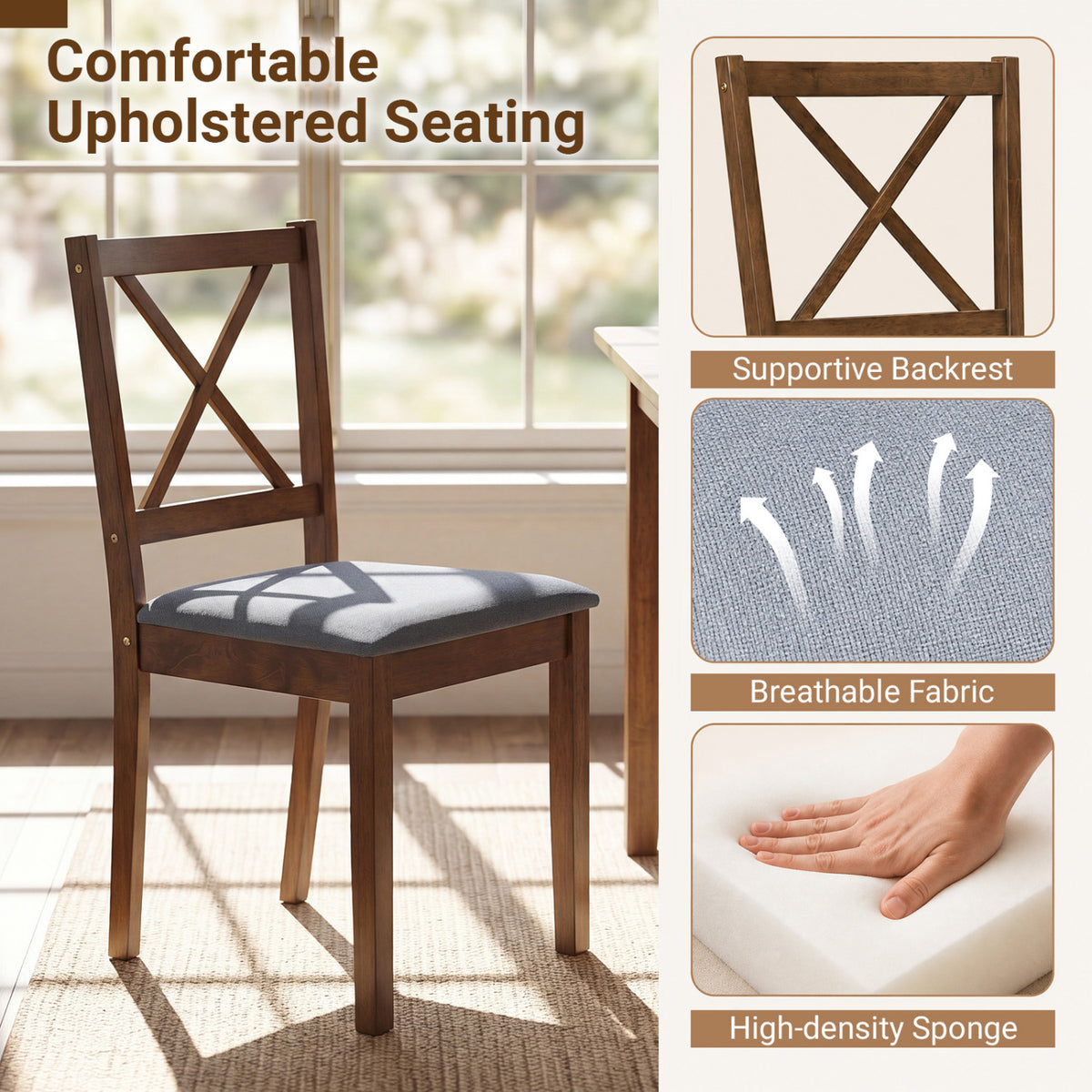 5-Piece Dining Set with Rectangular Table & Fabric Chairs for Small Space-Gray view 7
