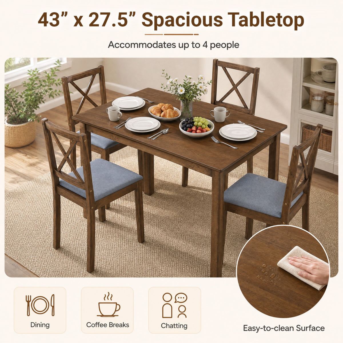 5-Piece Dining Set with Rectangular Table & Fabric Chairs for Small Space-Gray view 8